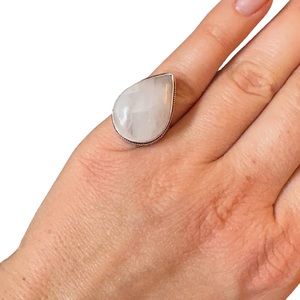 Milky white quartz teardrop stone in sterling silver setting size 6 925